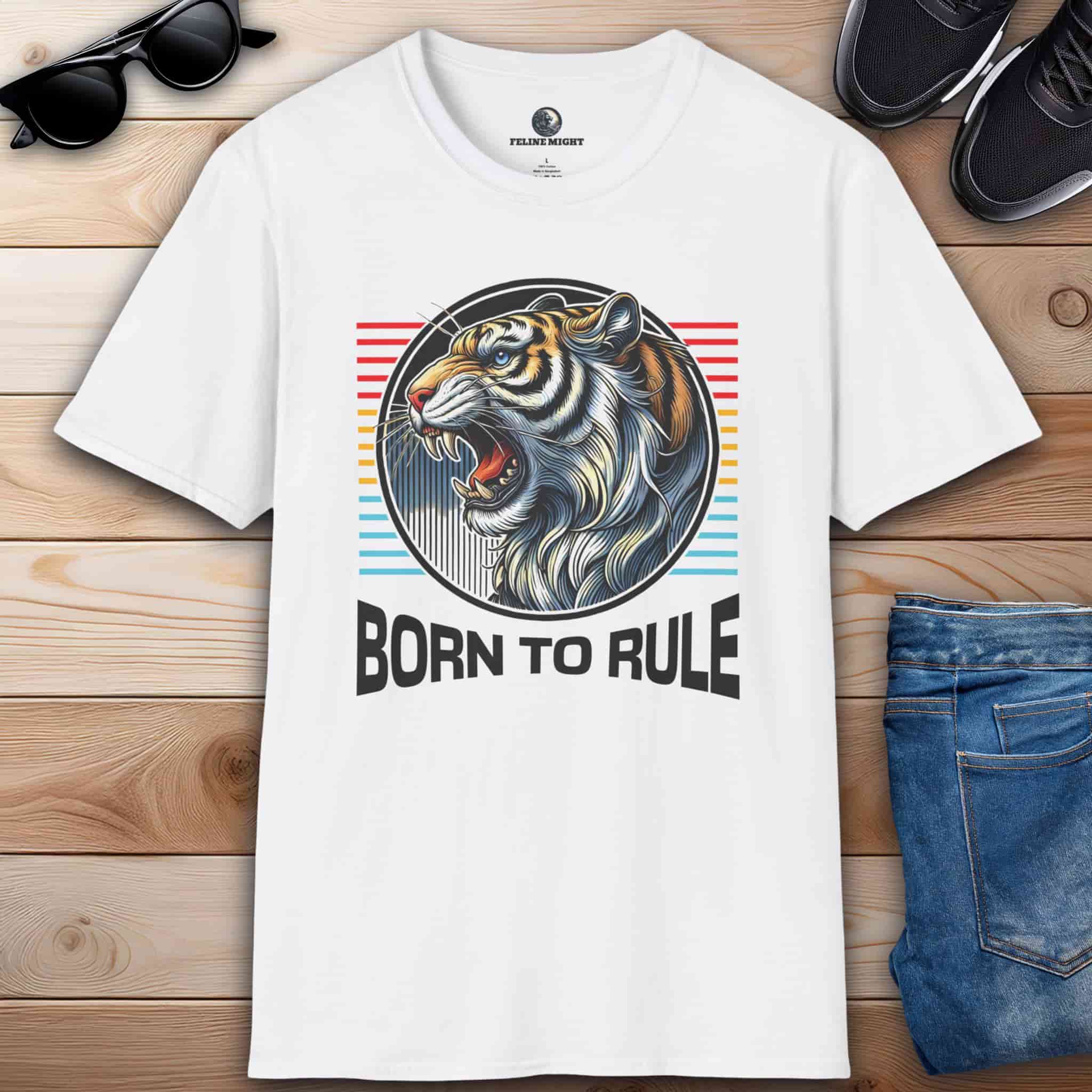 A white "Born to Rule" Regal Tiger T-Shirt featuring a fierce roaring tiger with vibrant colors and the text 'Born to Rule'.