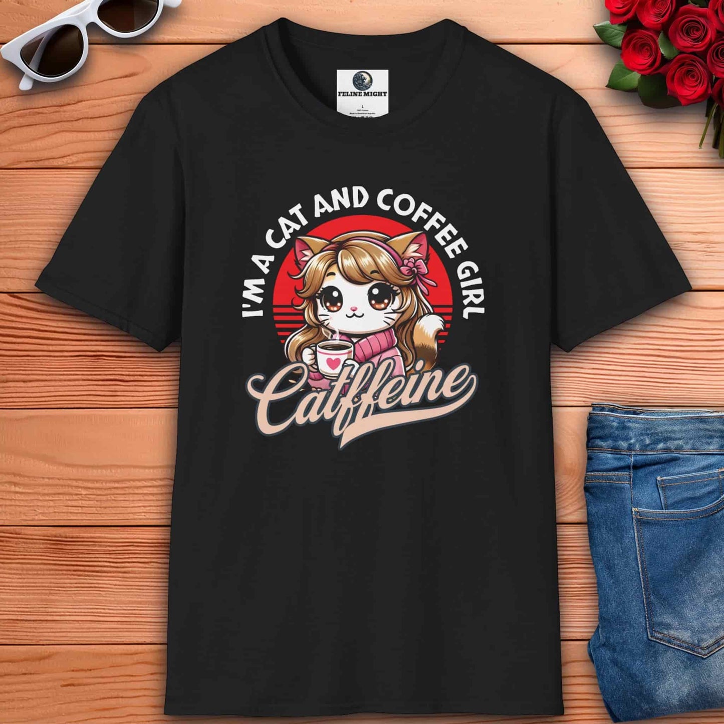 Black t-shirt featuring a cat girl with a coffee cup with the phrase "I'm a Cat and Coffee Girl"