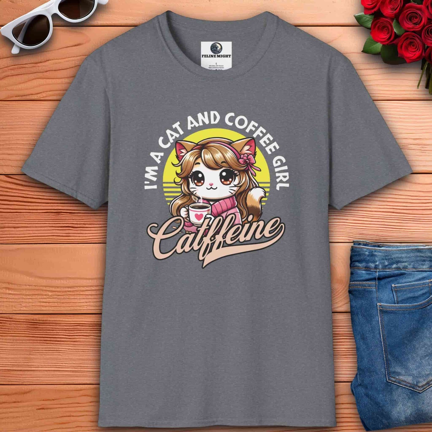 Athletic heather grey t-shirt featuring a cat girl with a coffee cup with the phrase "I'm a Cat and Coffee Girl"