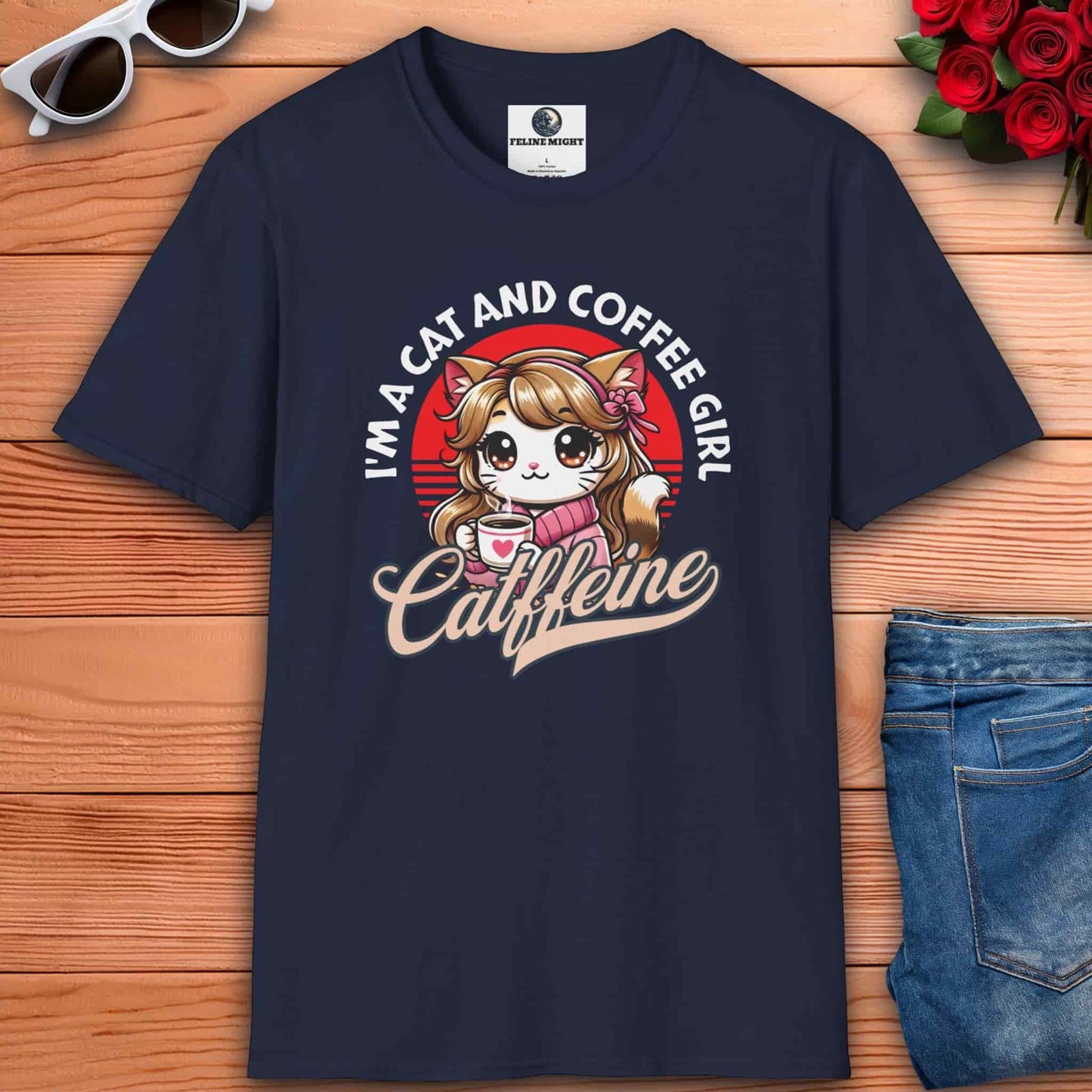 Navy blue t-shirt featuring a cat girl with a coffee cup with the phrase "I'm a Cat and Coffee Girl"