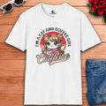 A white Cat and Coffee Girl Graphic T-Shirt featuring a cat girl with a coffee cup with the phrase "I'm a Cat and Coffee Girl"