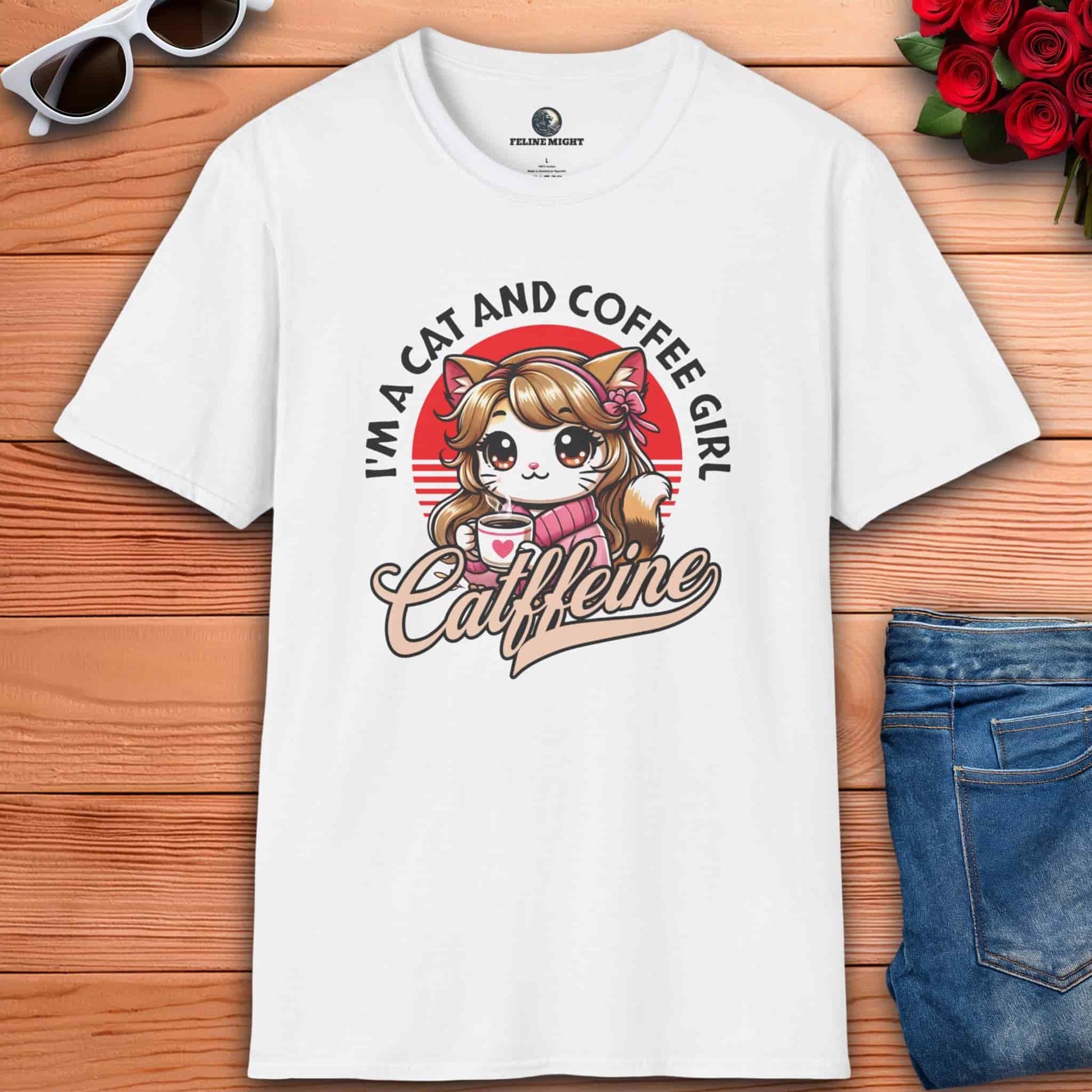 White t-shirt featuring a cat girl with a coffee cup with the phrase "I'm a Cat and Coffee Girl"