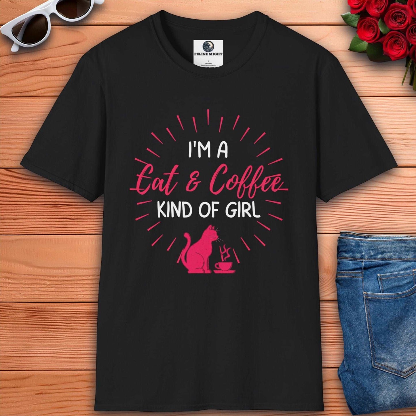 Black stylish women's t-shirt with 'I'm a Cat & Coffee Kind of Girl' print, ideal for casual wear.