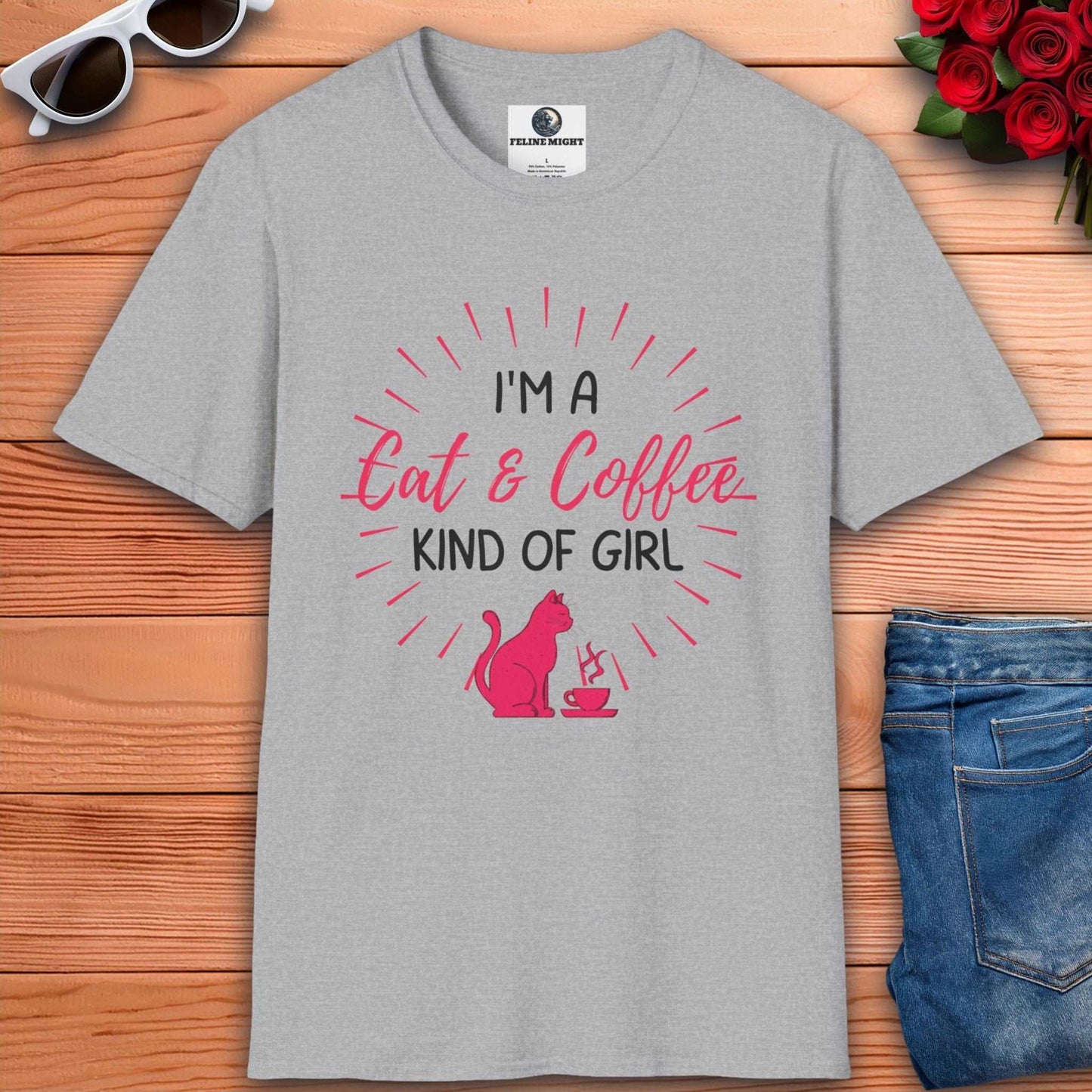 Grey stylish women's t-shirt with 'I'm a Cat & Coffee Kind of Girl' print, ideal for casual wear.