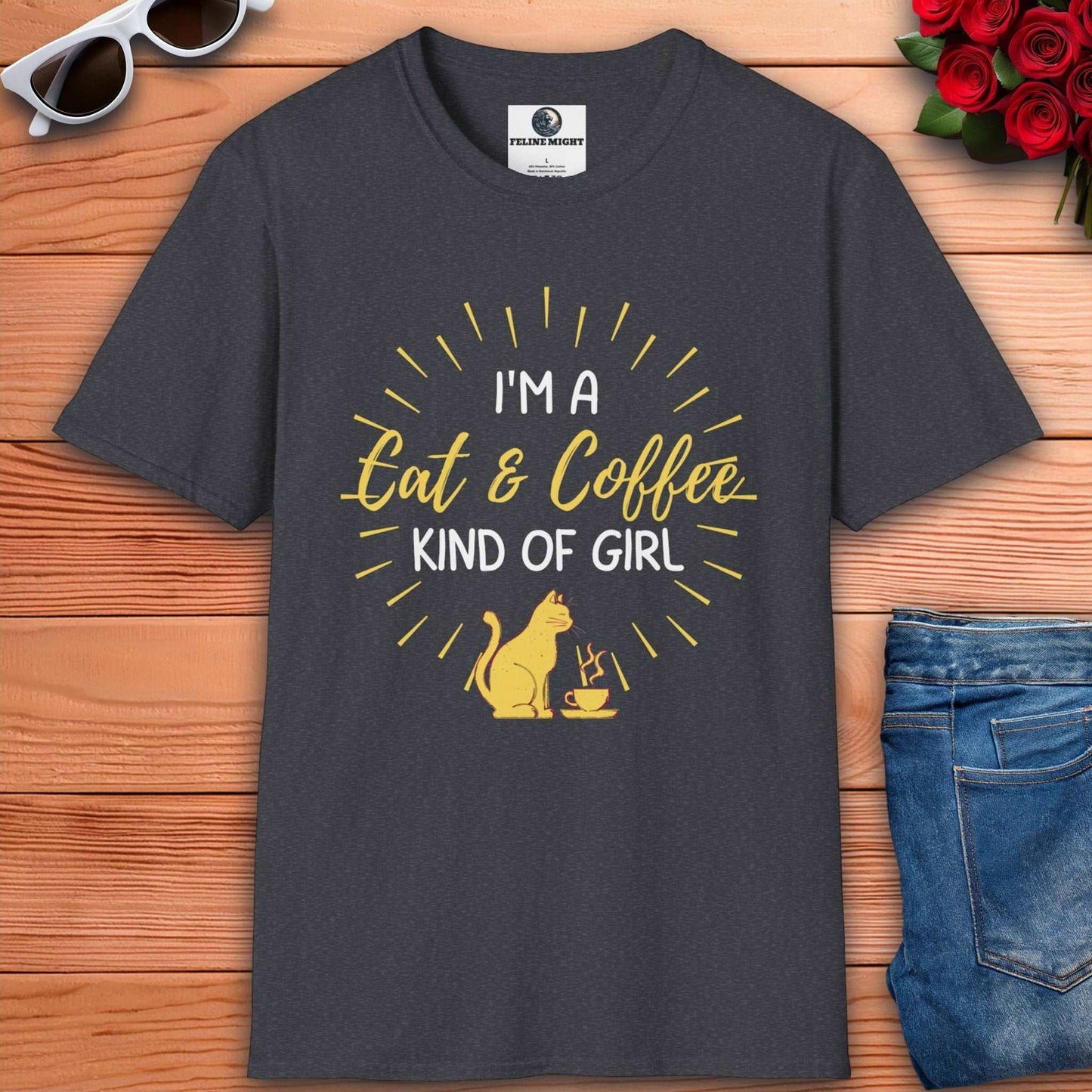 Dark heather grey stylish women's t-shirt with 'I'm a Cat & Coffee Kind of Girl' print, ideal for casual wear.