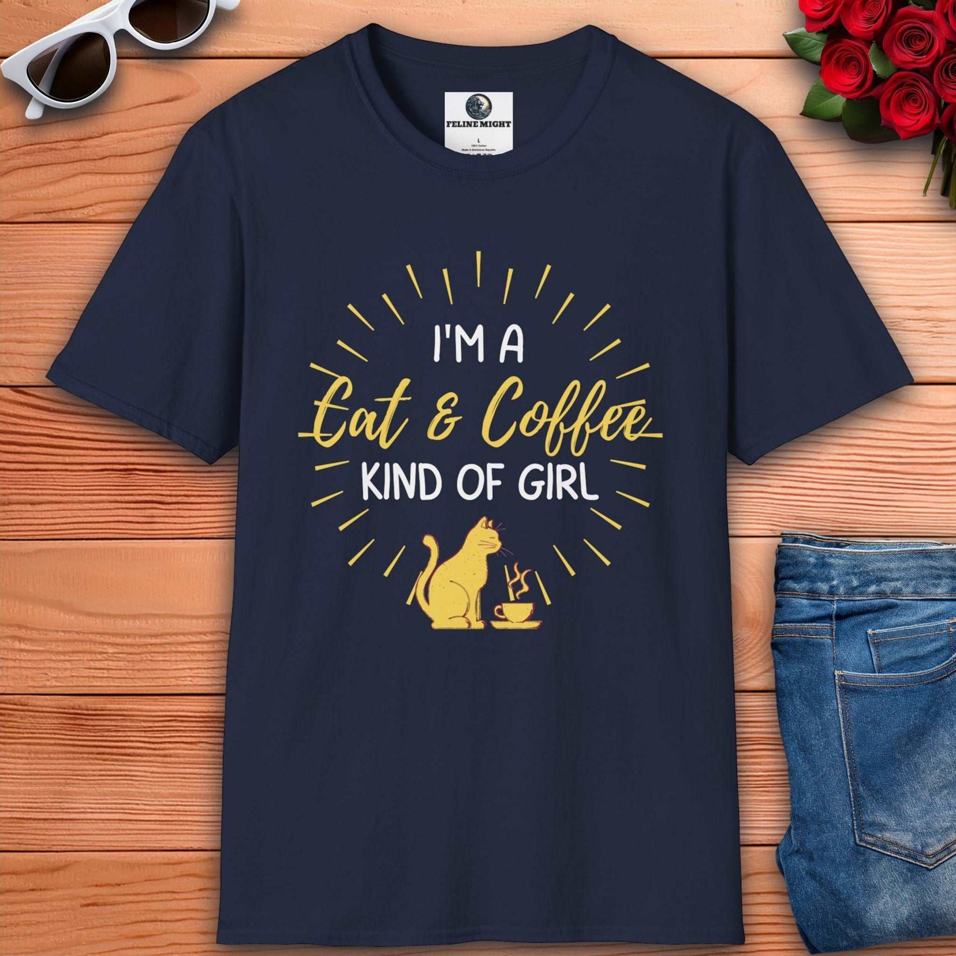 Navy blue stylish women's t-shirt with 'I'm a Cat & Coffee Kind of Girl' print, ideal for casual wear.