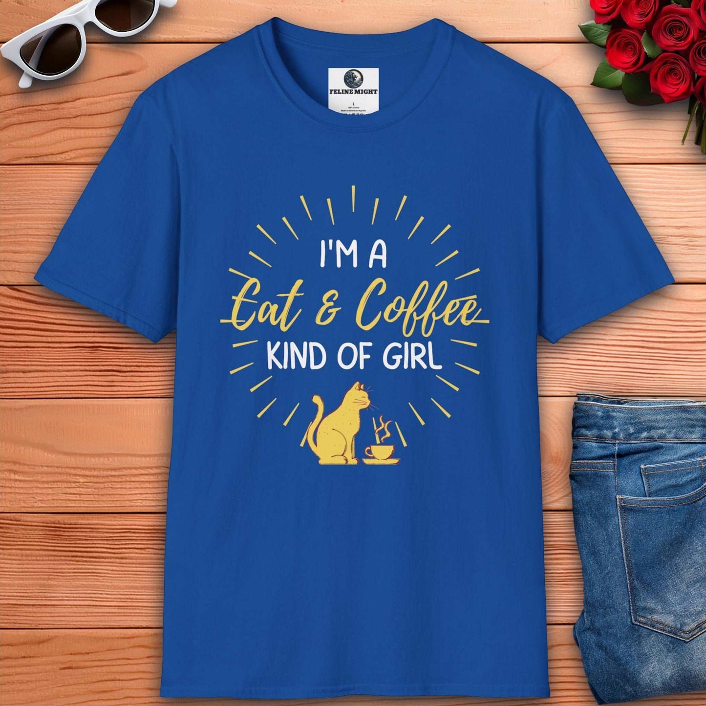 Royal Blue stylish women's t-shirt with 'I'm a Cat & Coffee Kind of Girl' print, ideal for casual wear.