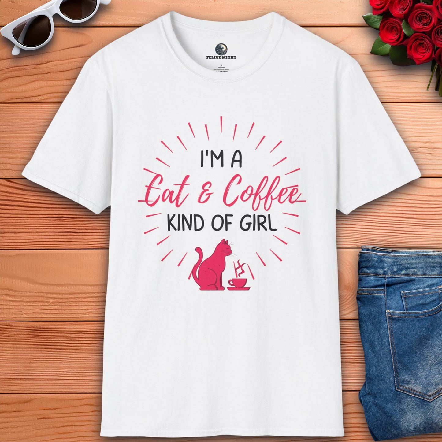 White stylish women's t-shirt with 'I'm a Cat & Coffee Kind of Girl' print, ideal for casual wear.