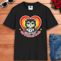 A black Cat and Coffee Graphic T-Shirt featuring a cute cat holding a coffee cup, perfect for casual mornings.