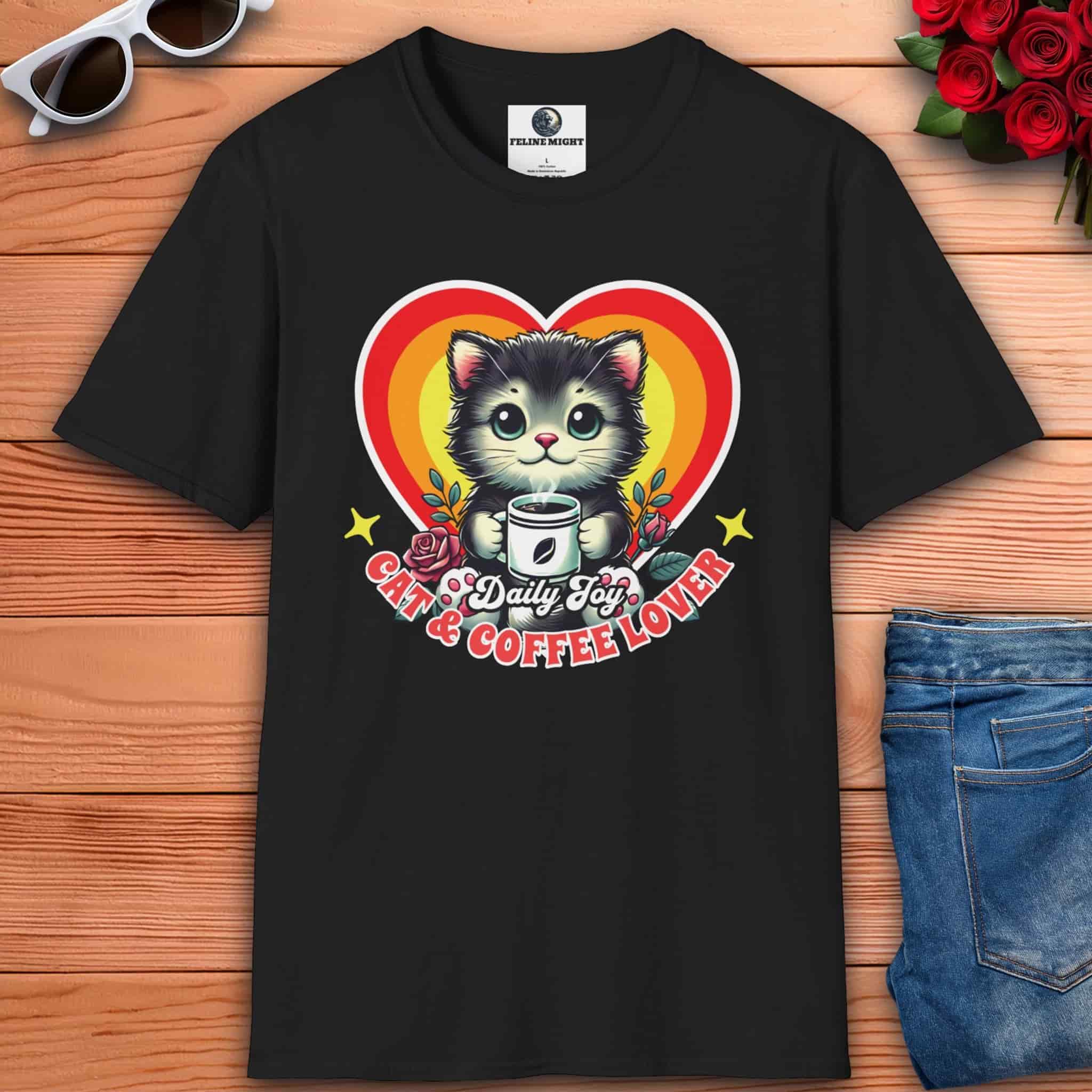 A black Cat and Coffee Graphic T-Shirt featuring a cute cat holding a coffee cup, perfect for casual mornings.