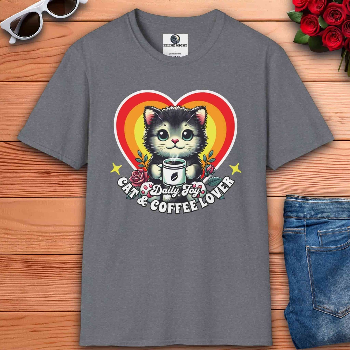 Cute cat graphic on a athletic heather grey t-shirt for coffee lovers