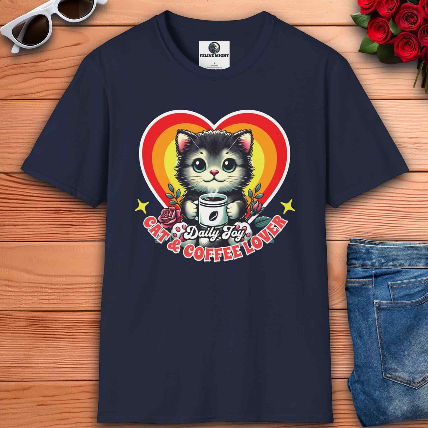 Cute cat graphic on a navy blue t-shirt for coffee lovers