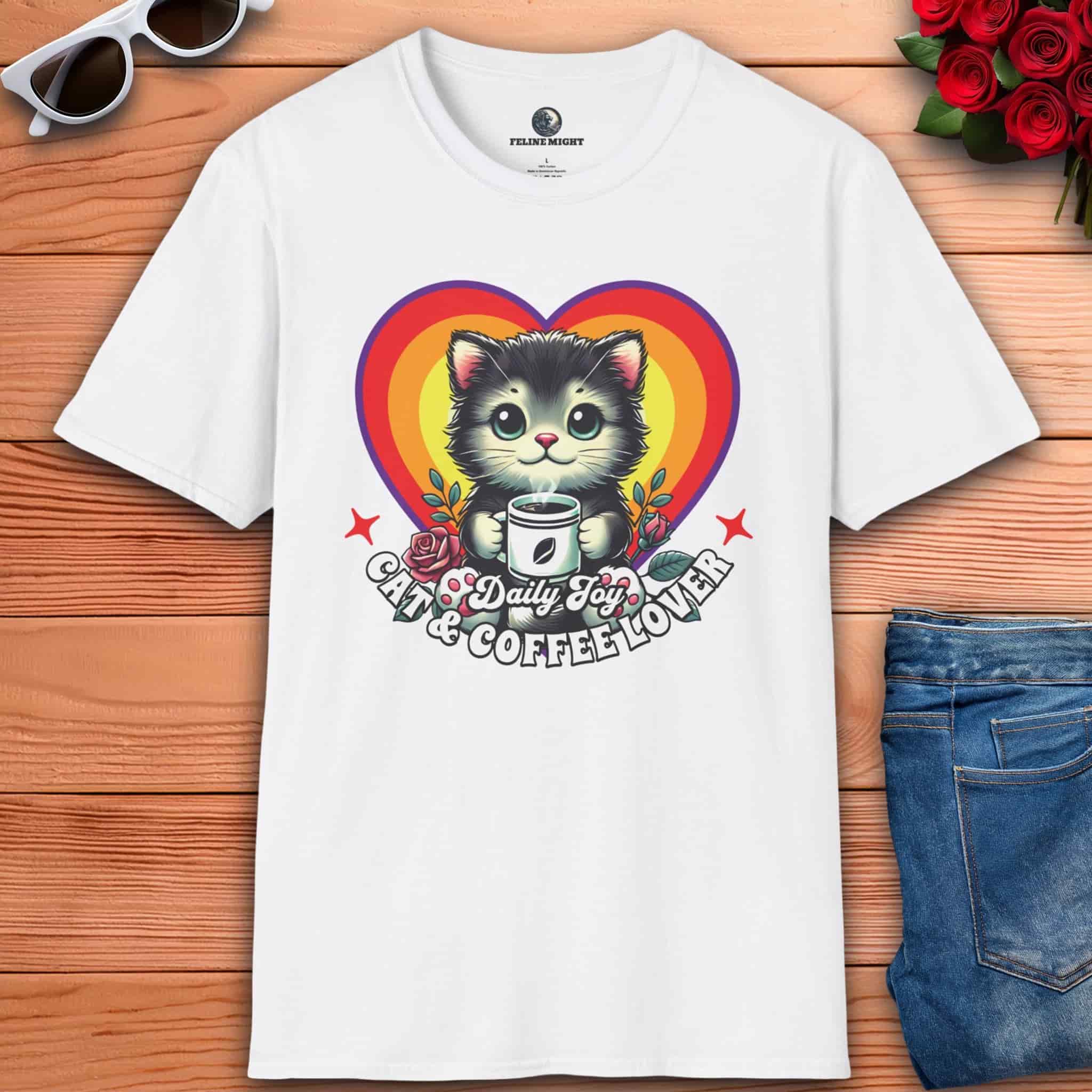 A white Cat and Coffee Graphic T-Shirt featuring a cute cat holding a coffee cup, perfect for casual mornings.