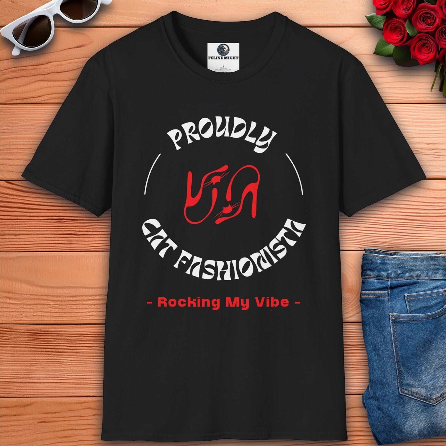 Black t-shirt with 'Proudly Cat Fashionista - Rocking My Vibe' design and high heel graphics