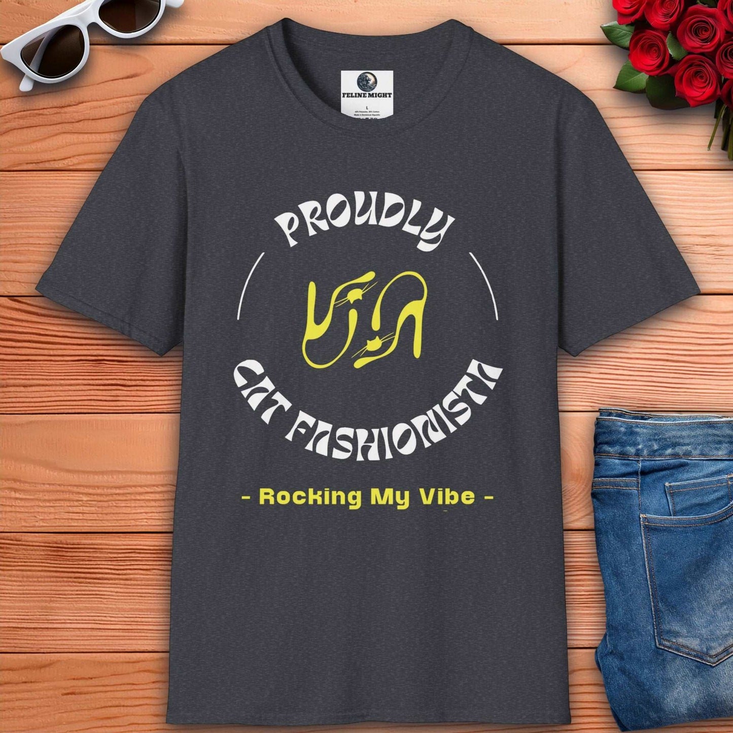 Dark heather grey t-shirt with 'Proudly Cat Fashionista - Rocking My Vibe' design and high heel graphics