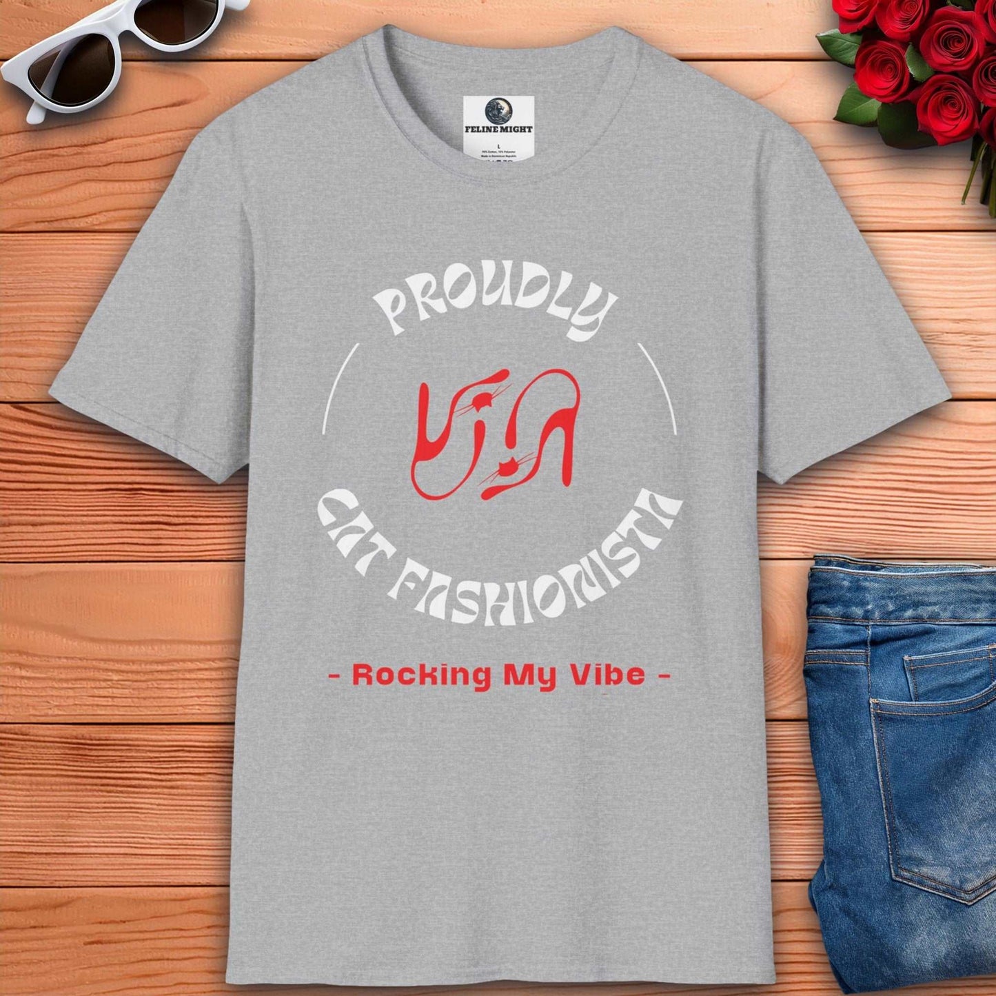 Grey t-shirt with 'Proudly Cat Fashionista - Rocking My Vibe' design and high heel graphics