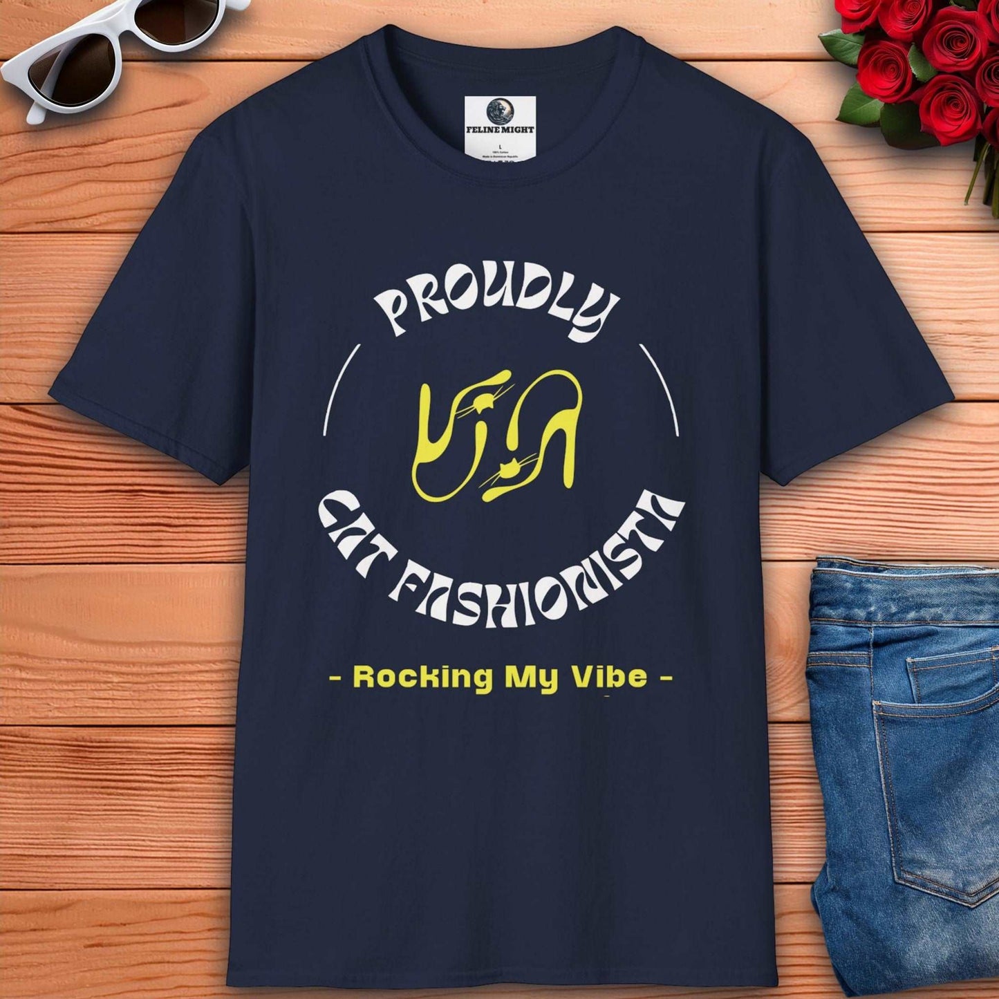 Navy blue t-shirt with 'Proudly Cat Fashionista - Rocking My Vibe' design and high heel graphics