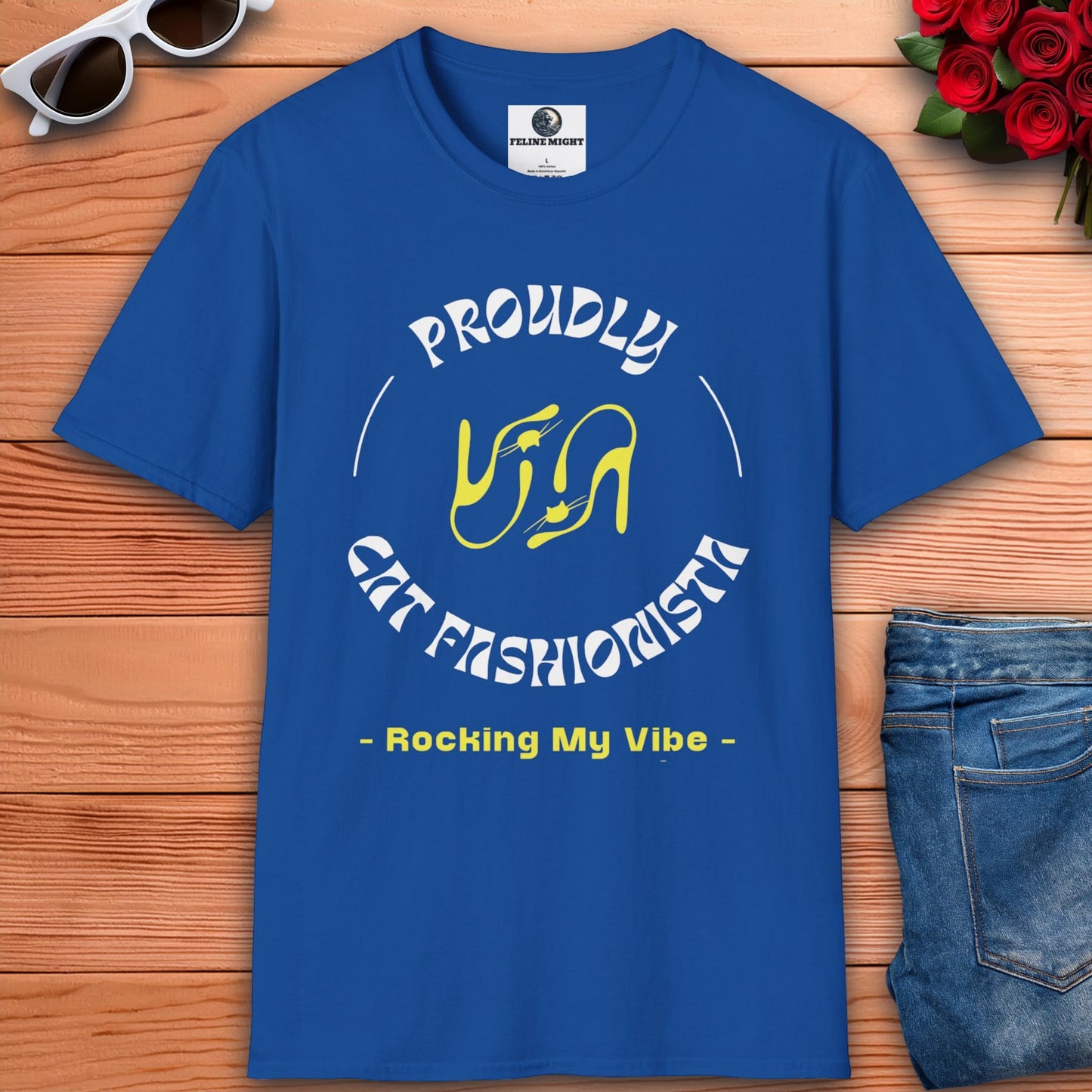 Royal blue t-shirt with 'Proudly Cat Fashionista - Rocking My Vibe' design and high heel graphics