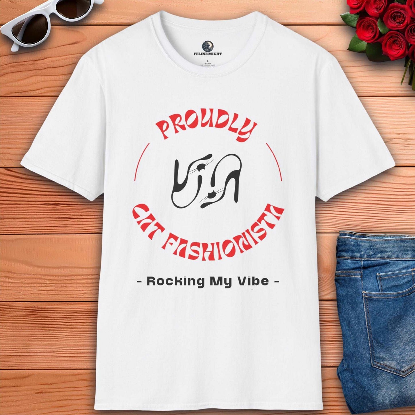 White t-shirt with 'Proudly Cat Fashionista - Rocking My Vibe' design and high heel graphics