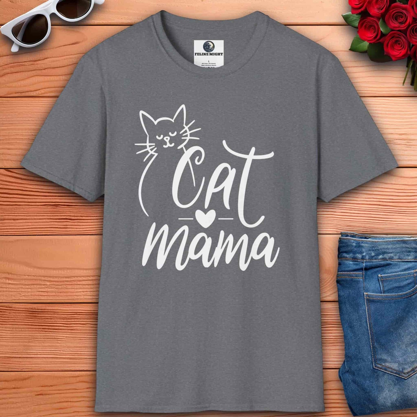 Cute athletic heather grey t-shirt for cat lovers with 'Cat Mama' text and a cat graphic