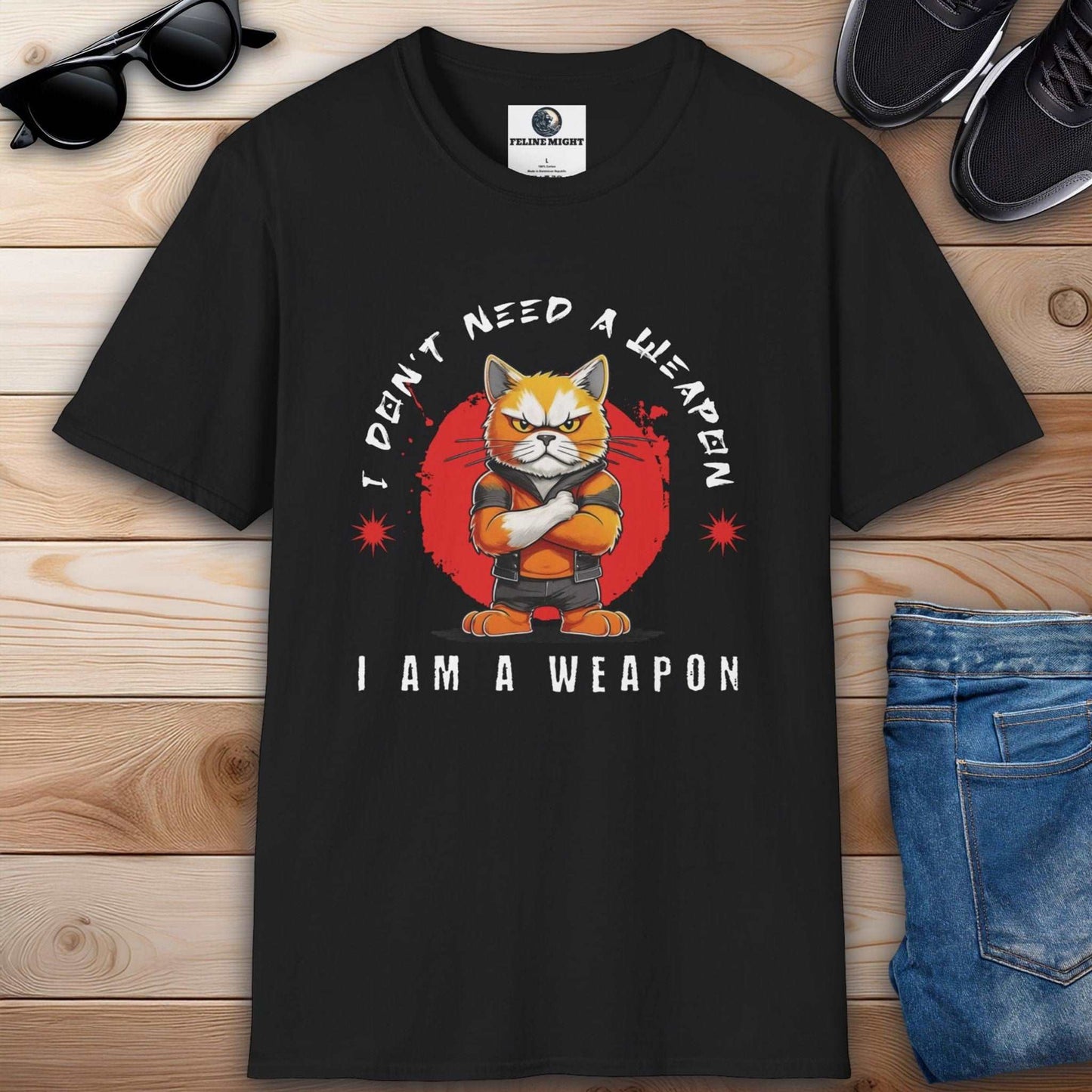 Black t-shirt featuring a cartoon cat with the phrase 'I Don't Need A Weapon, I Am A Weapon'