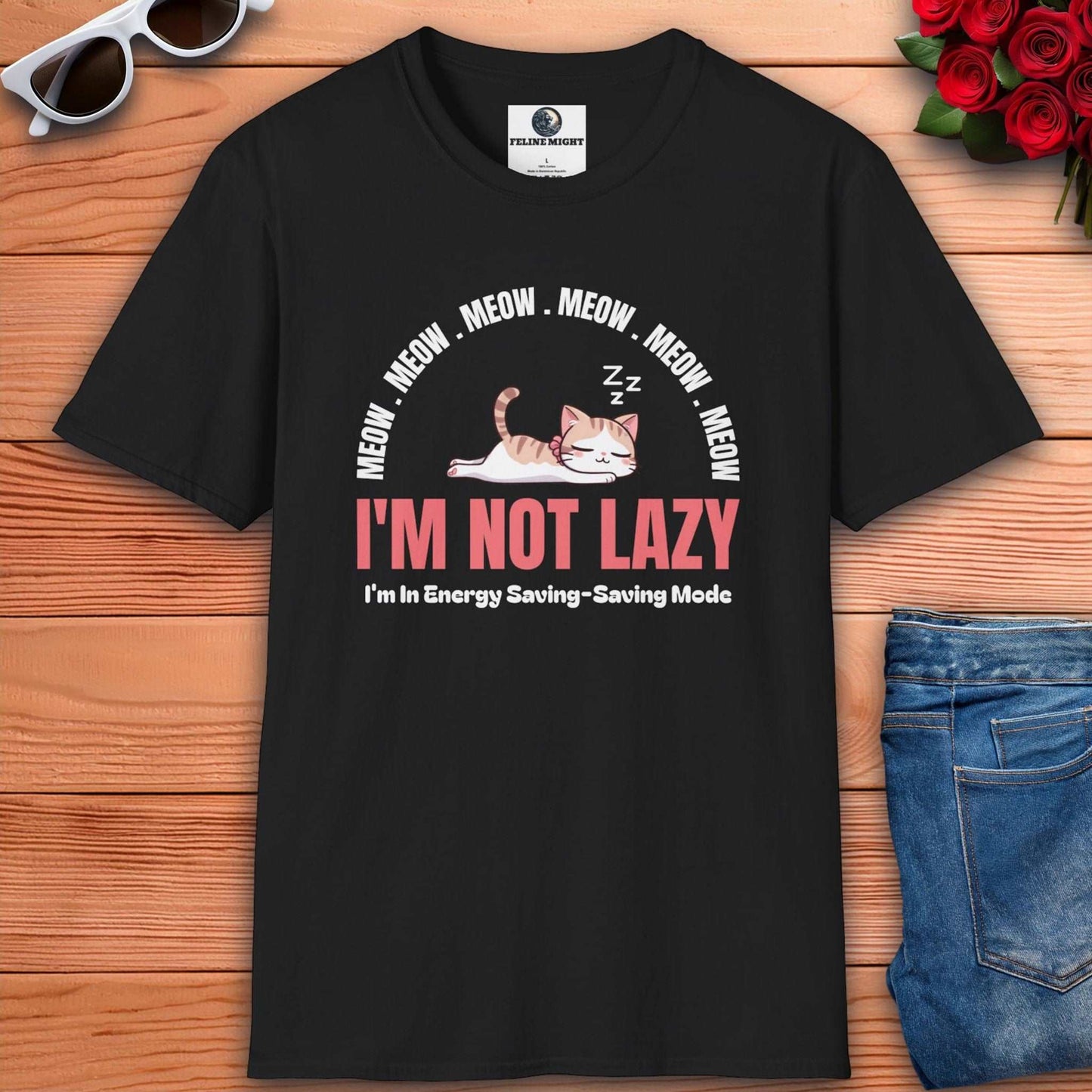 Humorous black t-shirt featuring a sleeping cat with 'I'm Not Lazy' text