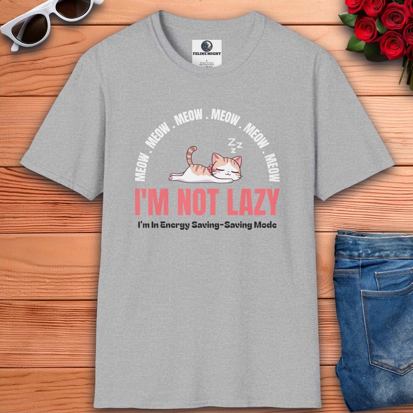 Humorous grey t-shirt featuring a sleeping cat with 'I'm Not Lazy' text