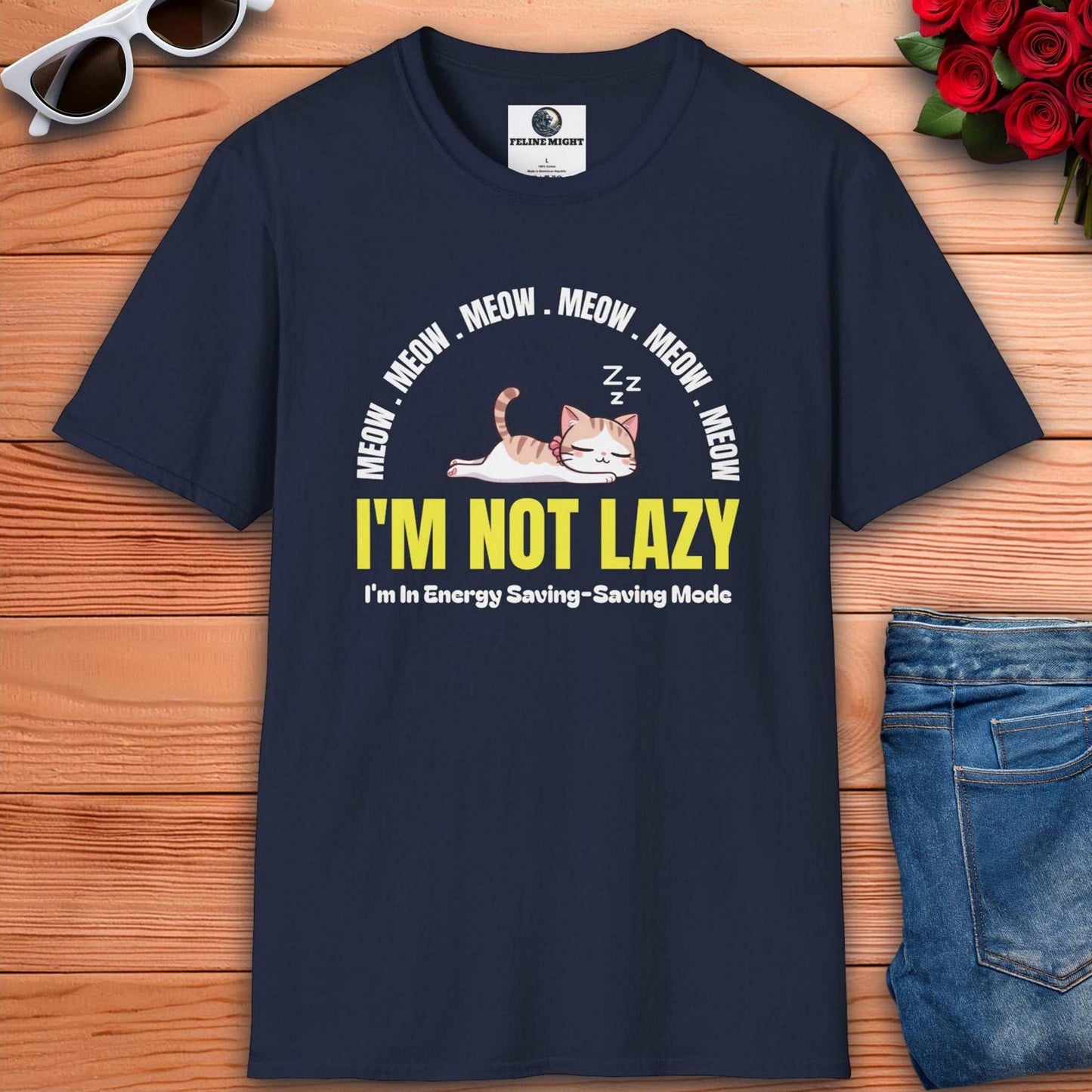 Humorous navy blue t-shirt featuring a sleeping cat with 'I'm Not Lazy' text