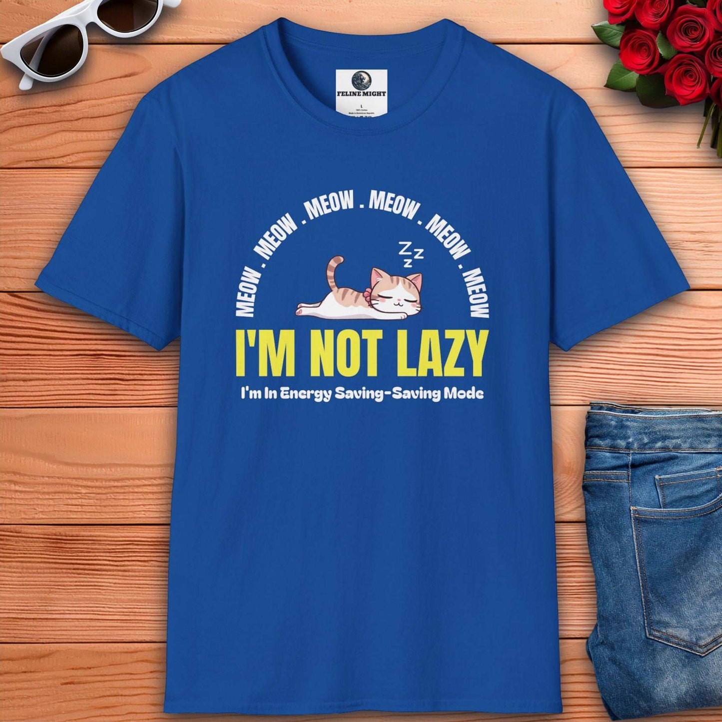 Humorous royal blue t-shirt featuring a sleeping cat with 'I'm Not Lazy' text