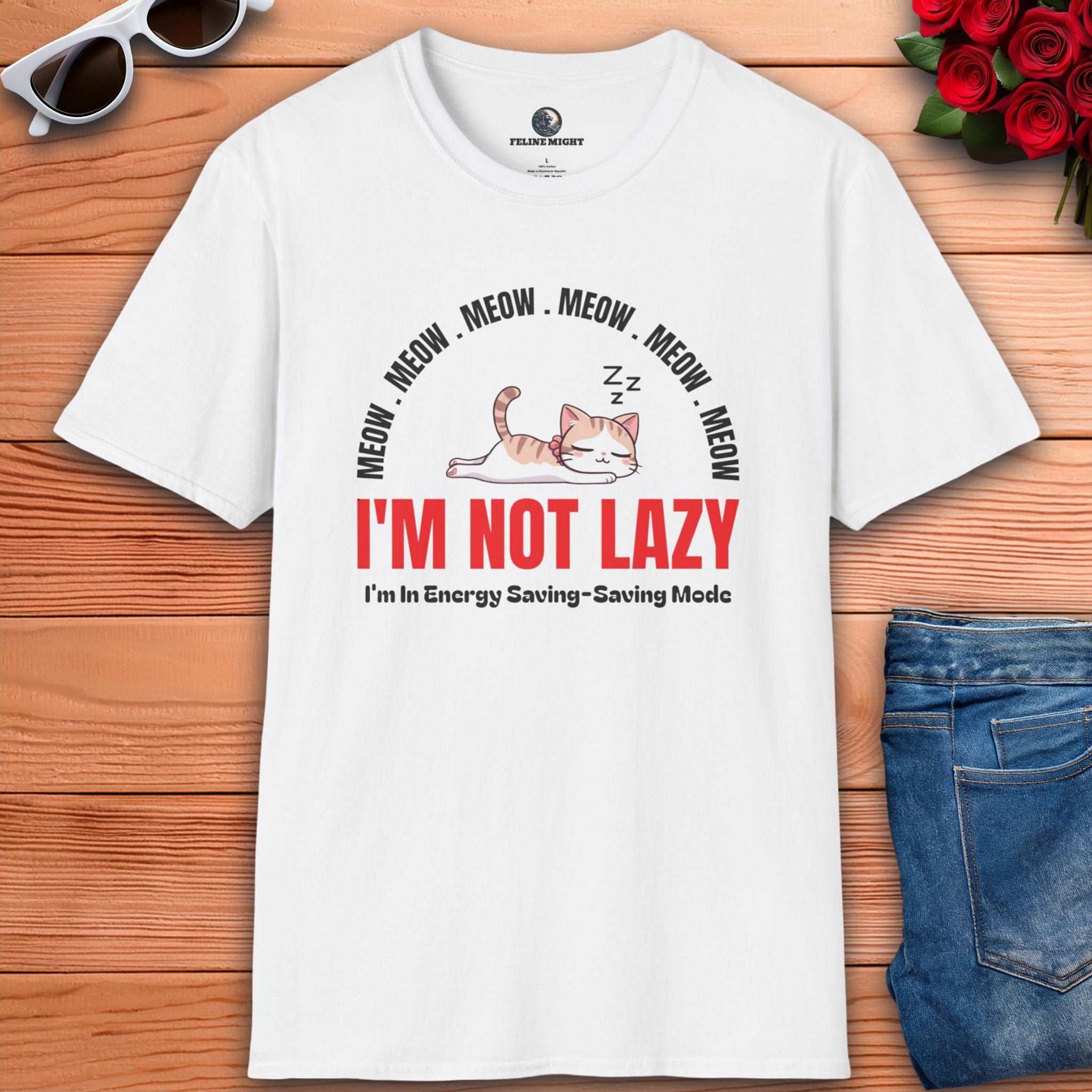 Humorous white t-shirt featuring a sleeping cat with 'I'm Not Lazy' text