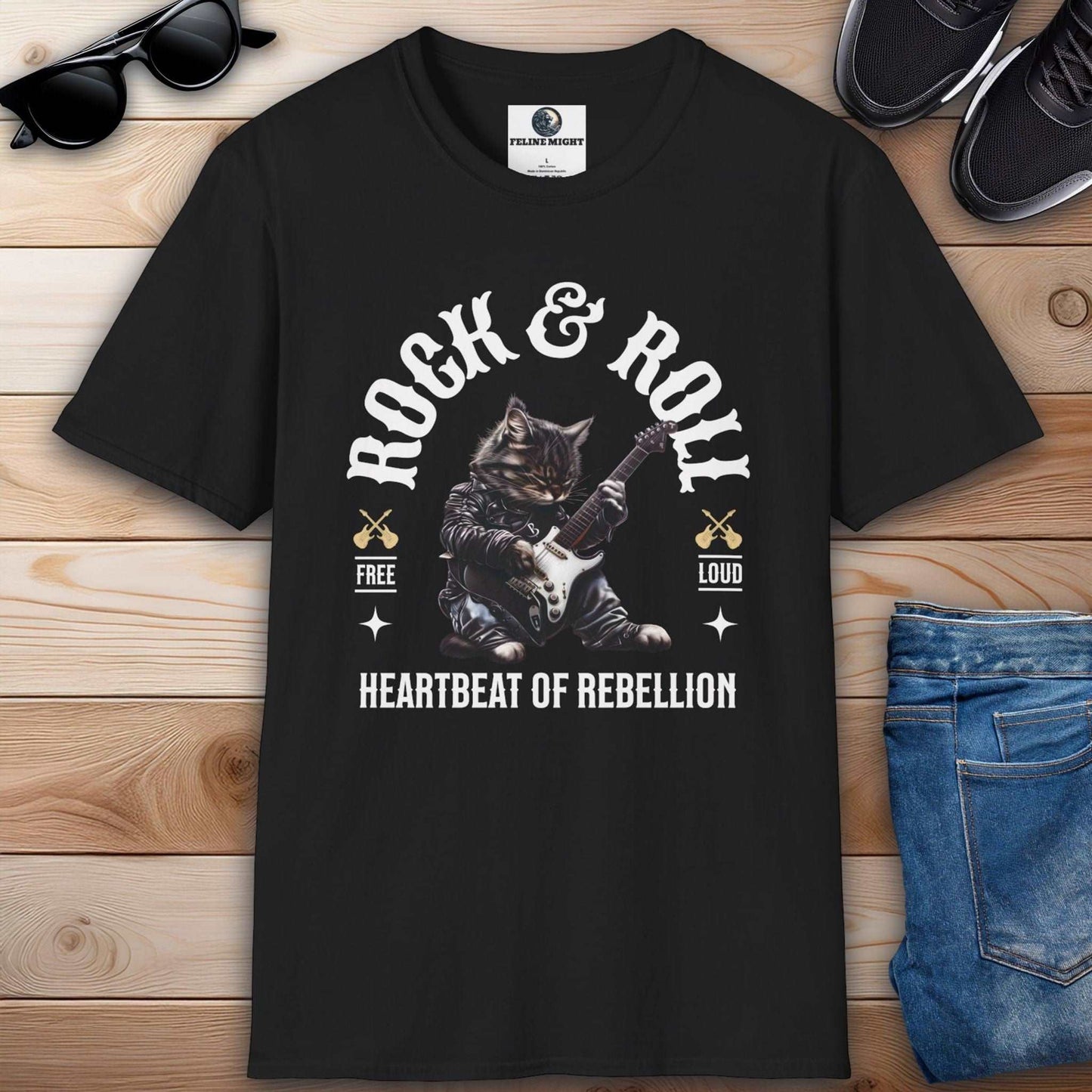 Black t-shirt featuring a cat playing guitar with 'Rock & Roll' design