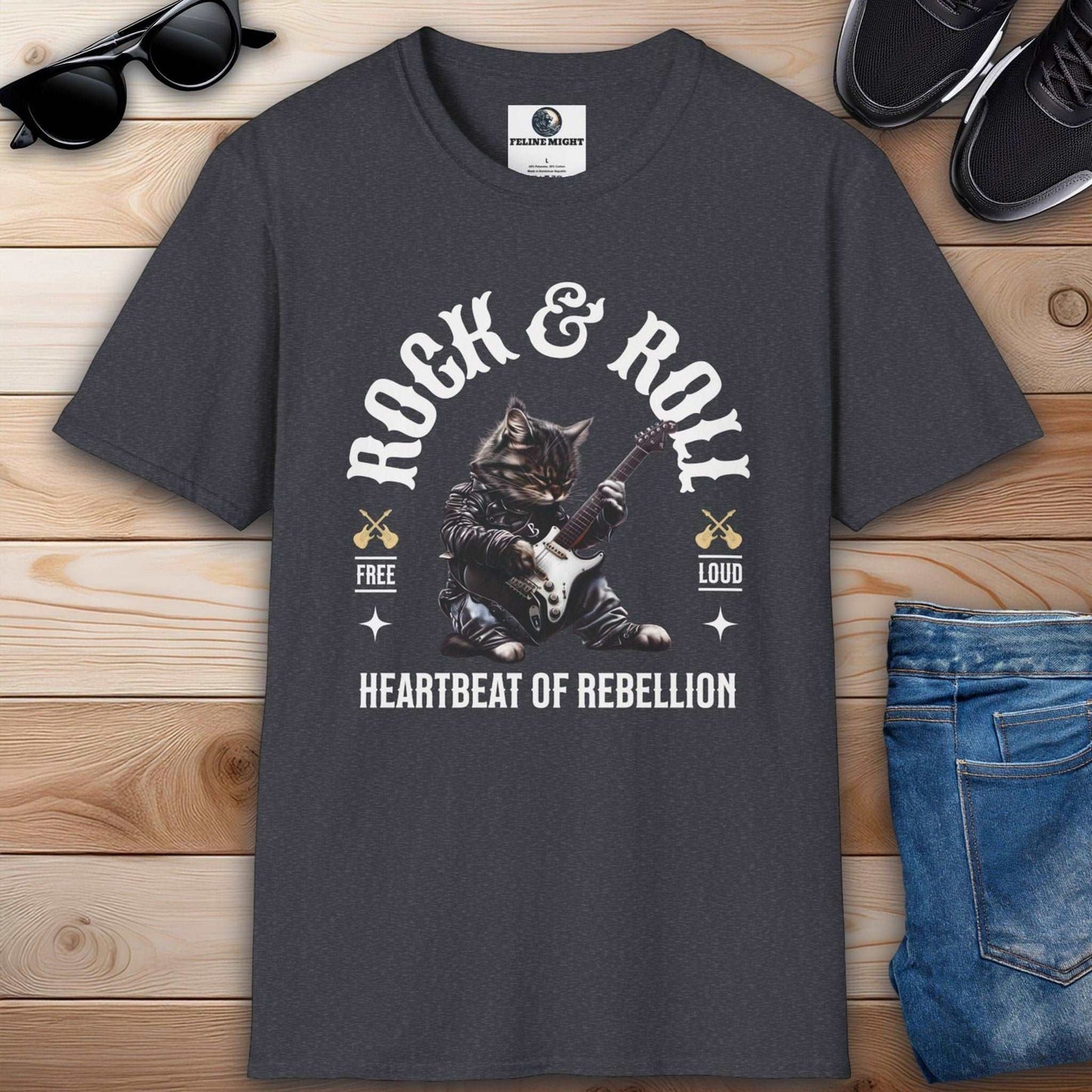 Dark heather grey t-shirt featuring a cat playing guitar with 'Rock & Roll' design