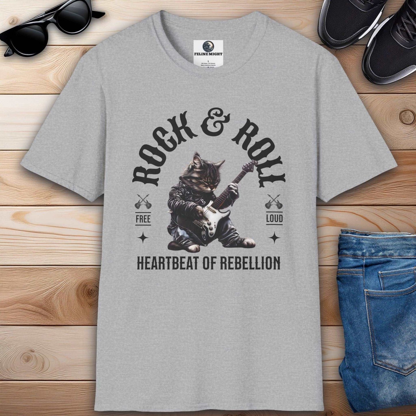 Grey t-shirt featuring a cat playing guitar with 'Rock & Roll' design