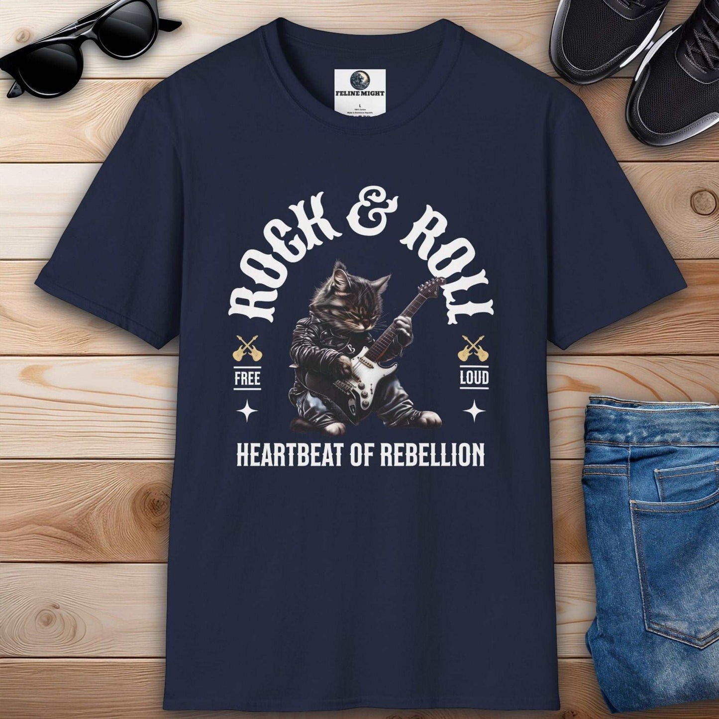 Navy blue t-shirt featuring a cat playing guitar with 'Rock & Roll' design