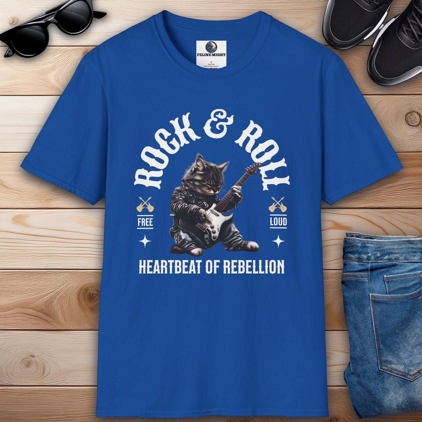 Royal blue t-shirt featuring a cat playing guitar with 'Rock & Roll' design