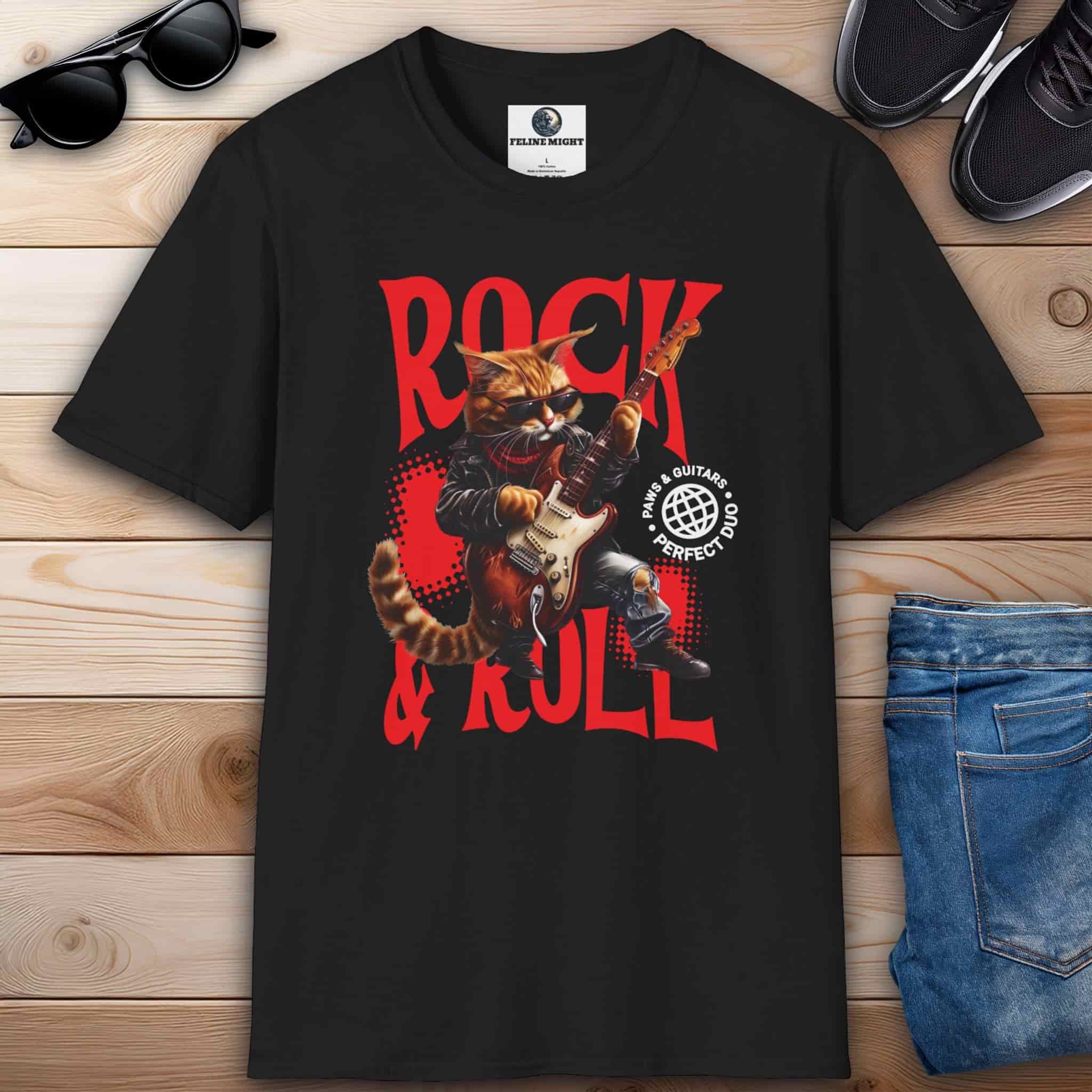 Black Vintage Rock Cat Graphic T-Shirt featuring a cartoon cat playing guitar with 'Rock & Roll' text.