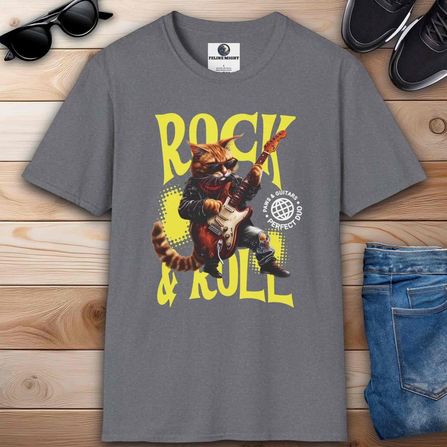 Athletic heather grey t-shirt featuring a cartoon cat playing guitar with 'Rock & Roll' text.