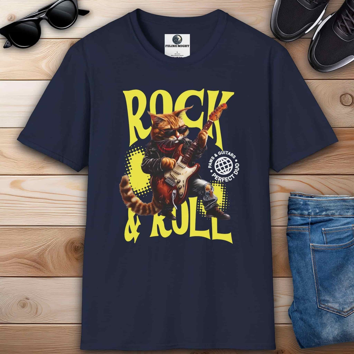 Navy blue t-shirt featuring a cartoon cat playing guitar with 'Rock & Roll' text.