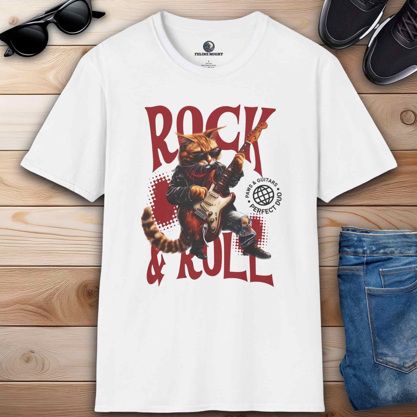 White t-shirt featuring a cartoon cat playing guitar with 'Rock & Roll' text.