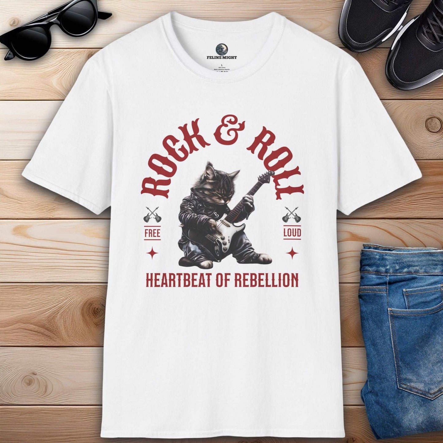 White t-shirt featuring a cat playing guitar with 'Rock & Roll' design