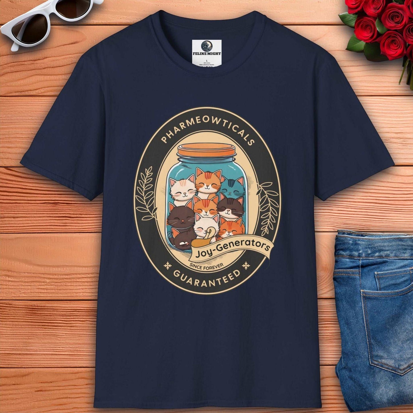 Navy Blue t-shirt featuring a cute cat design with the text 'Pharmeowticals Joy-Generators'