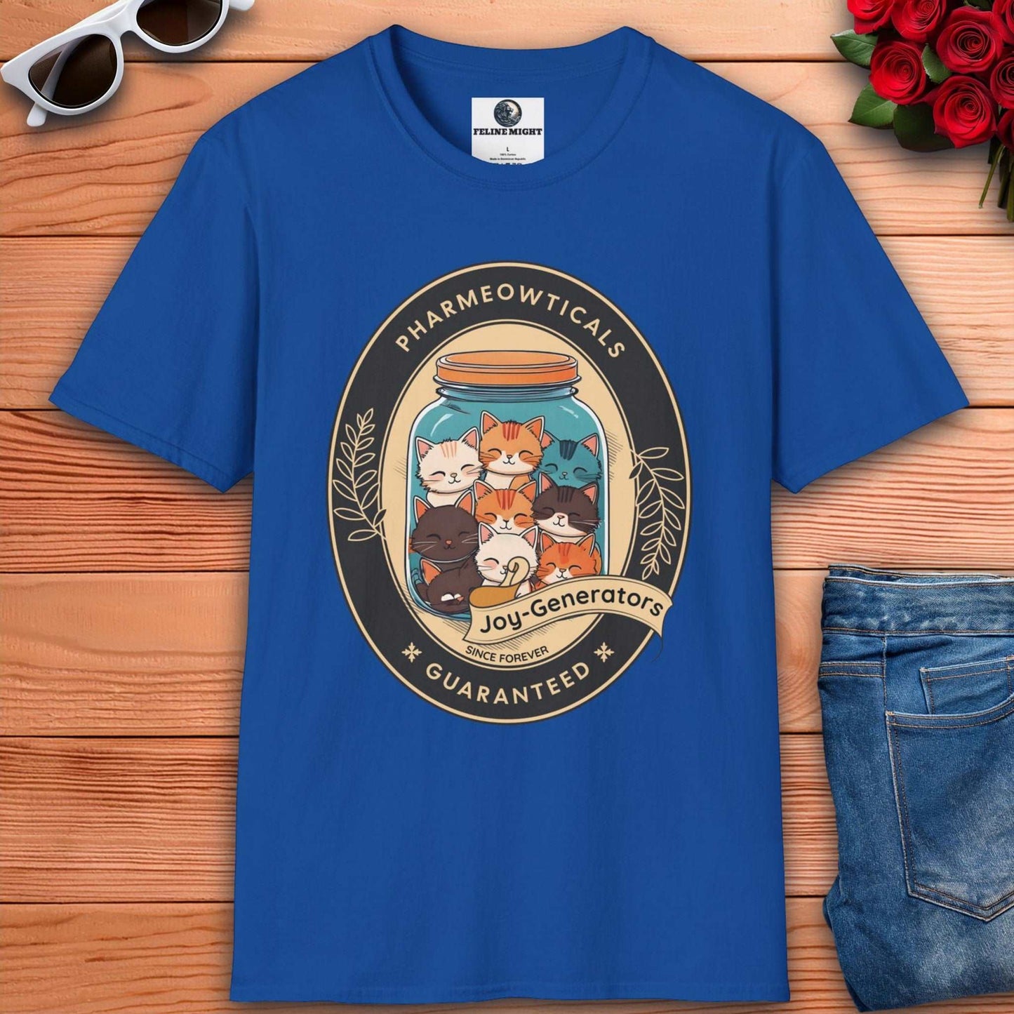 Royal blue t-shirt featuring a cute cat design with the text 'Pharmeowticals Joy-Generators'