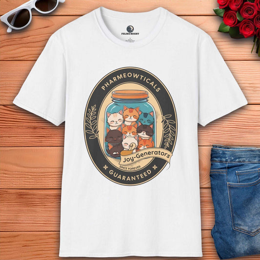 White t-shirt featuring a cute cat design with the text 'Pharmeowticals Joy-Generators'