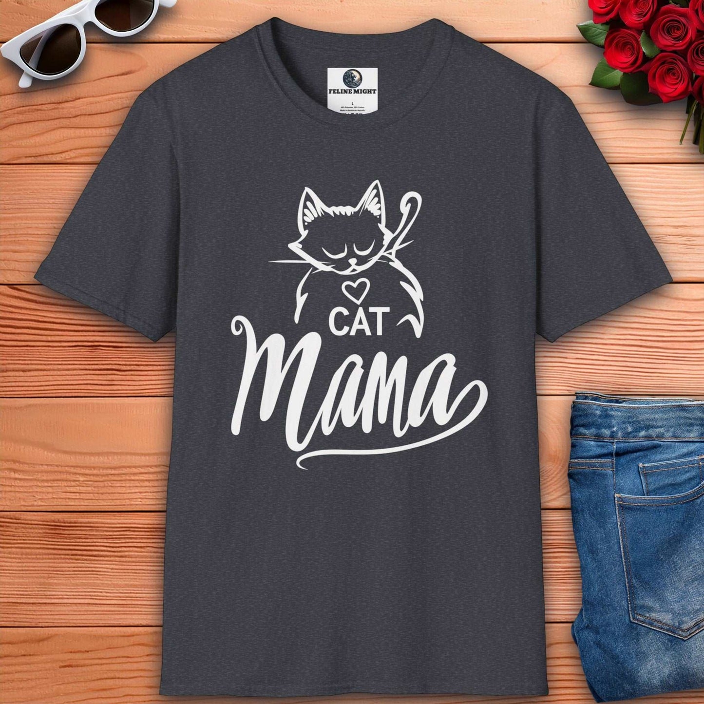 Stylish dark heather grey shirt for cat lovers with 'Cat Mama' text and cat graphic