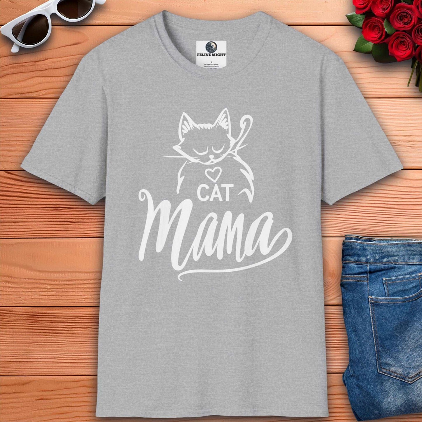 Stylish grey shirt for cat lovers with 'Cat Mama' text and cat graphic