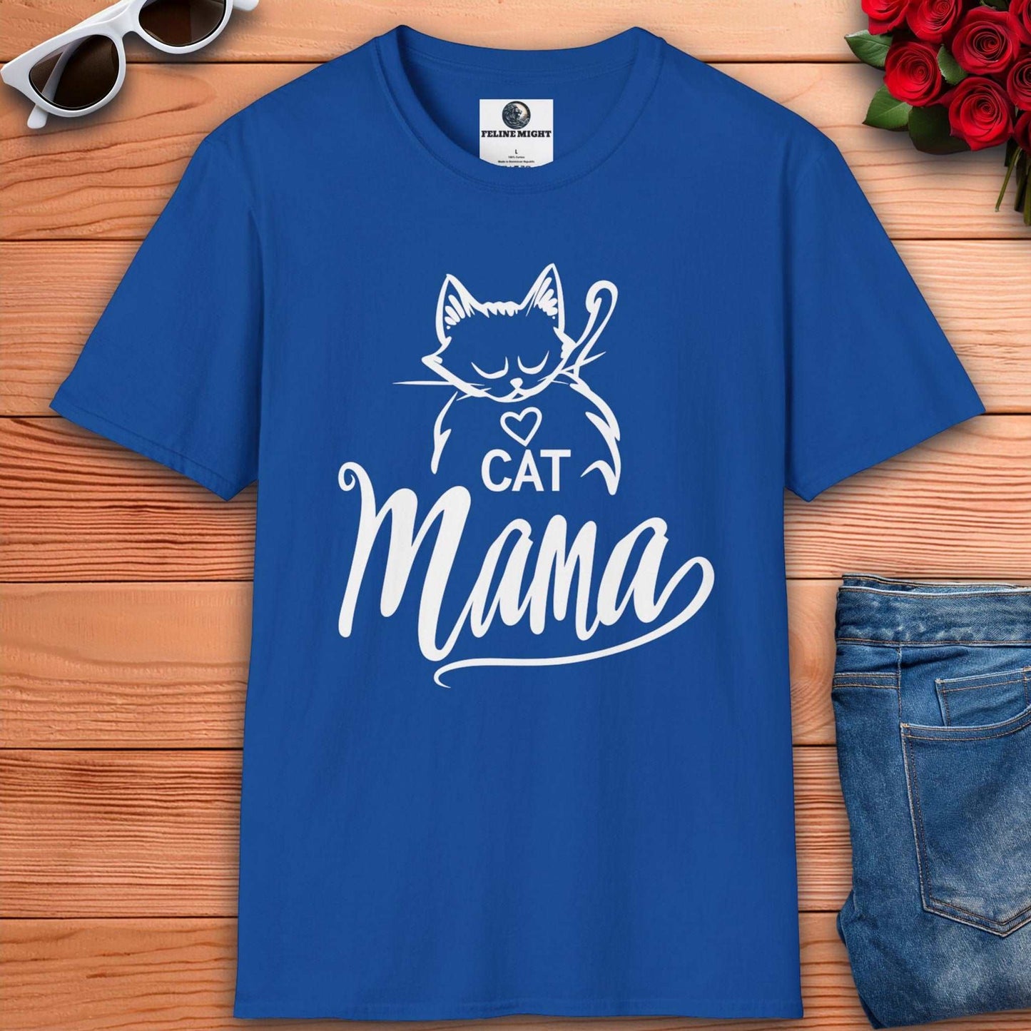 Stylish royal blue shirt for cat lovers with 'Cat Mama' text and cat graphic