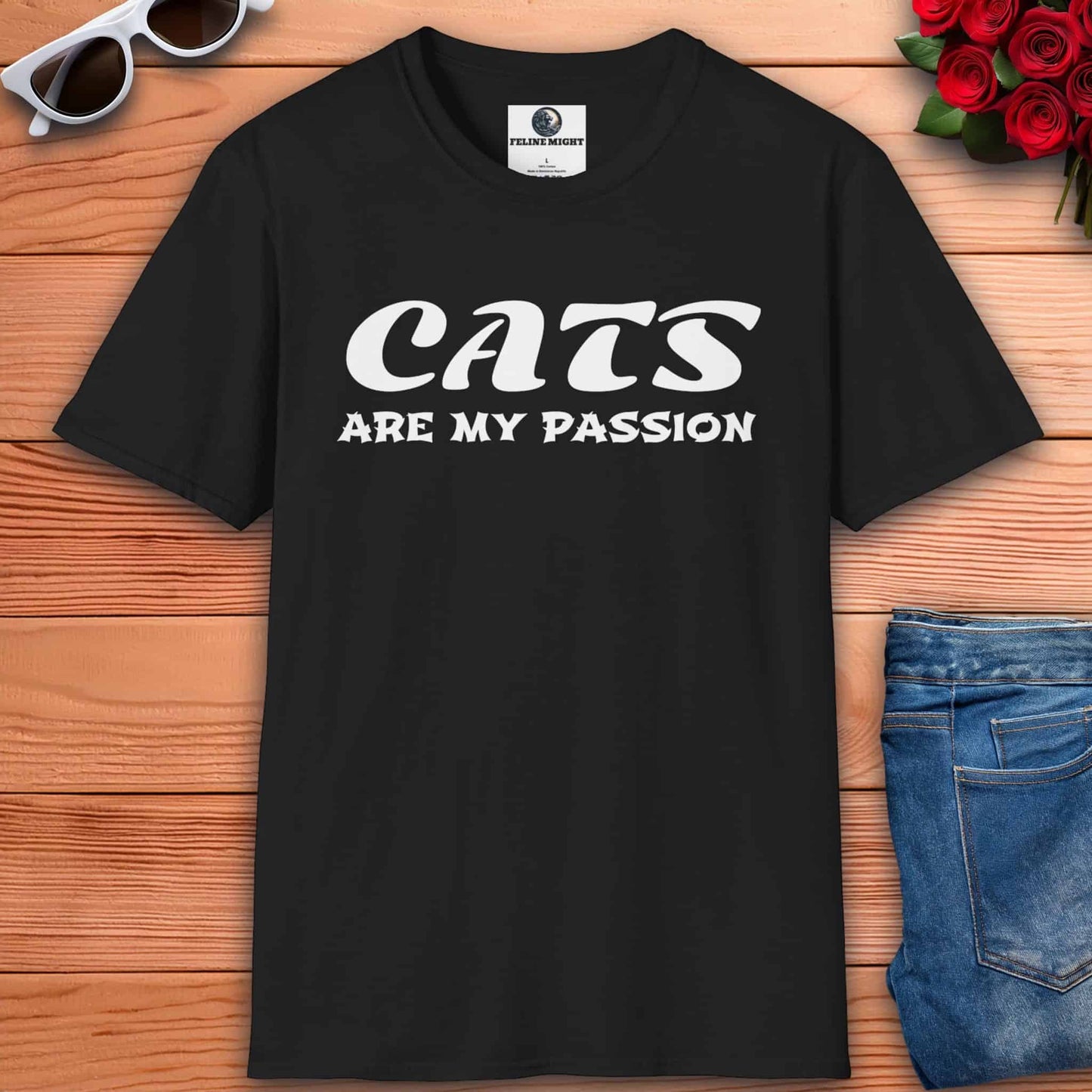 Stylish black t-shirt with 'Cats Are My Passion' text design