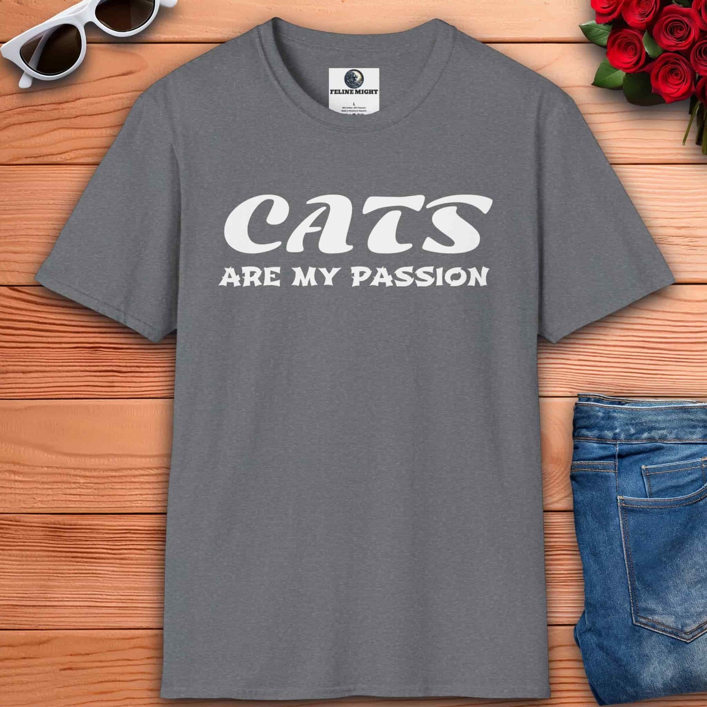 Stylish athletic heather grey t-shirt with 'Cats Are My Passion' text design