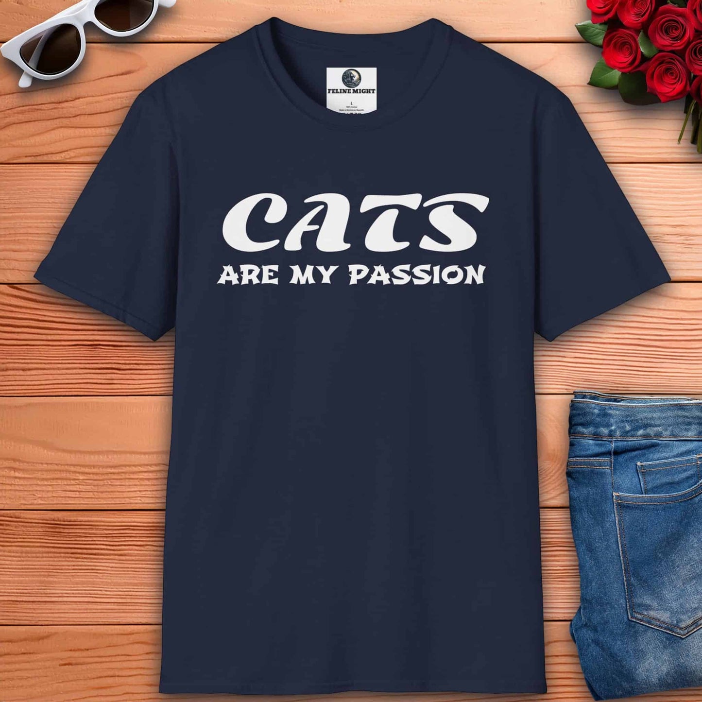 Stylish navy blue t-shirt with 'Cats Are My Passion' text design