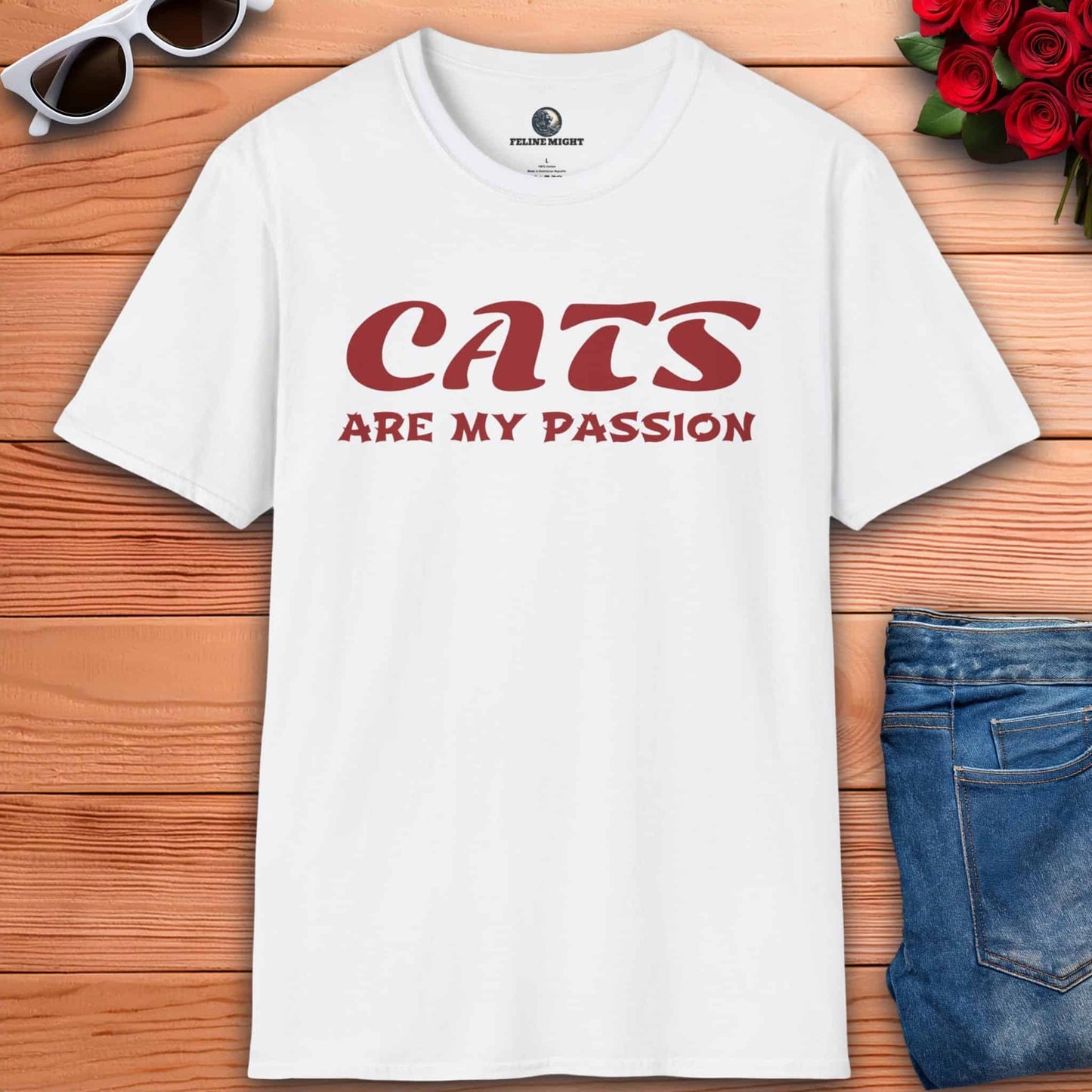 Stylish white t-shirt with 'Cats Are My Passion' text design